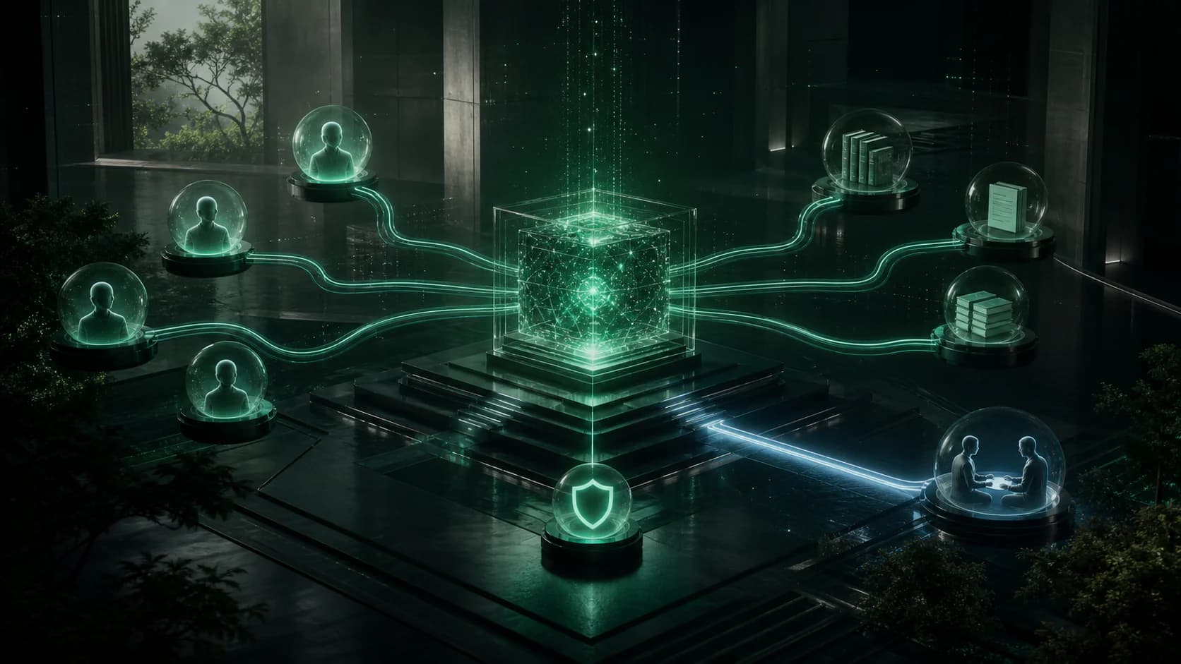 Controlled AI conversation system with emerald knowledge paths and a visible human handoff node