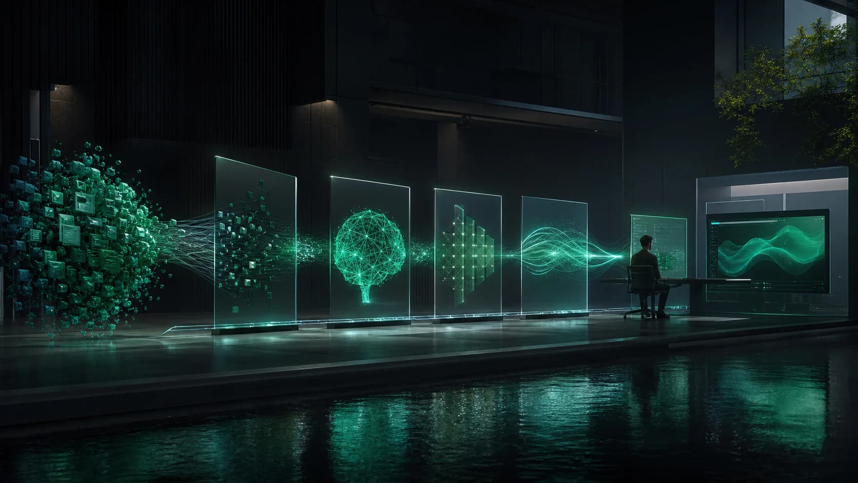 An AI capability moving through evaluation, review and product workflow nodes