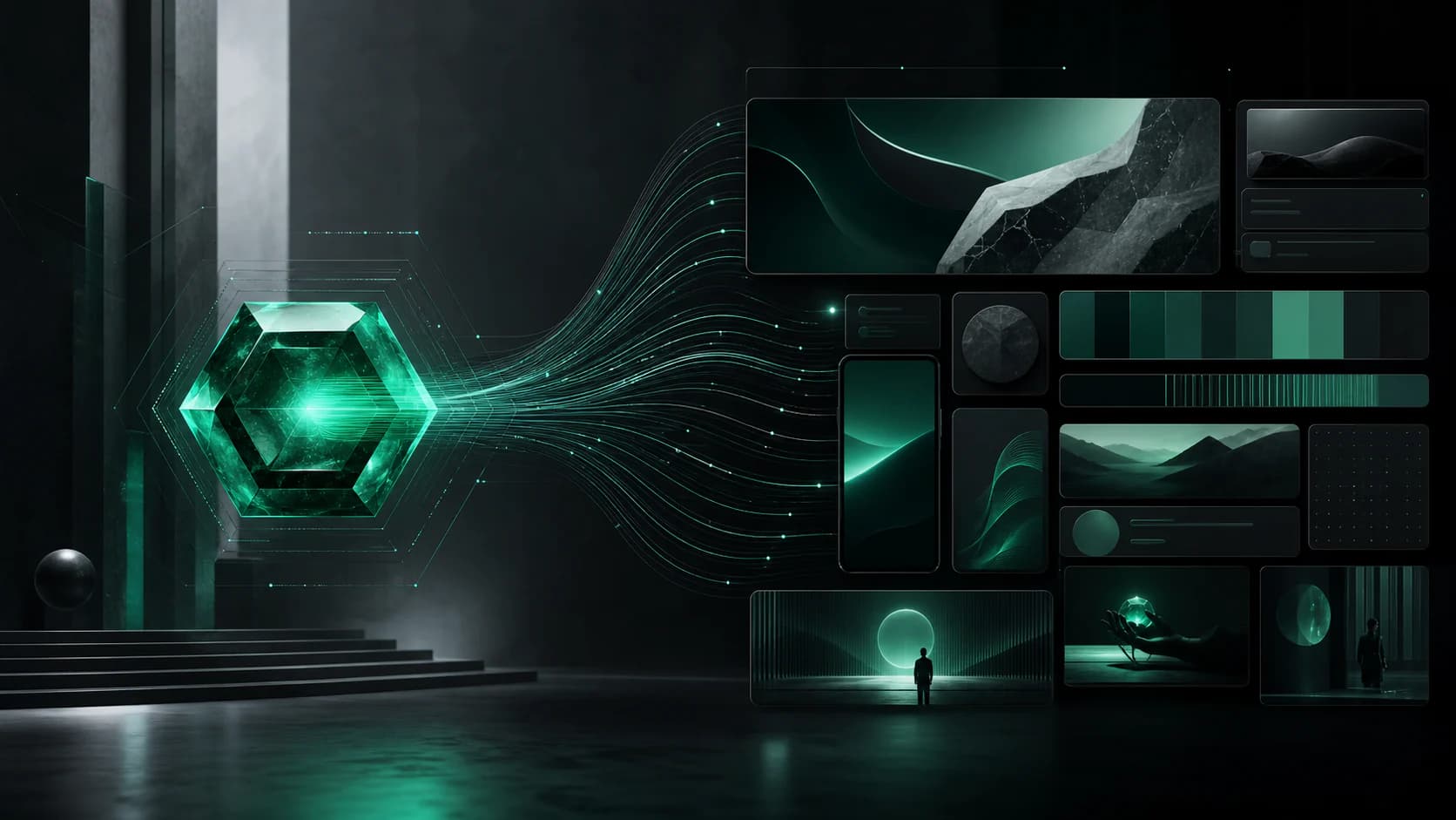 Brand signals and interface components aligning into one emerald trust system