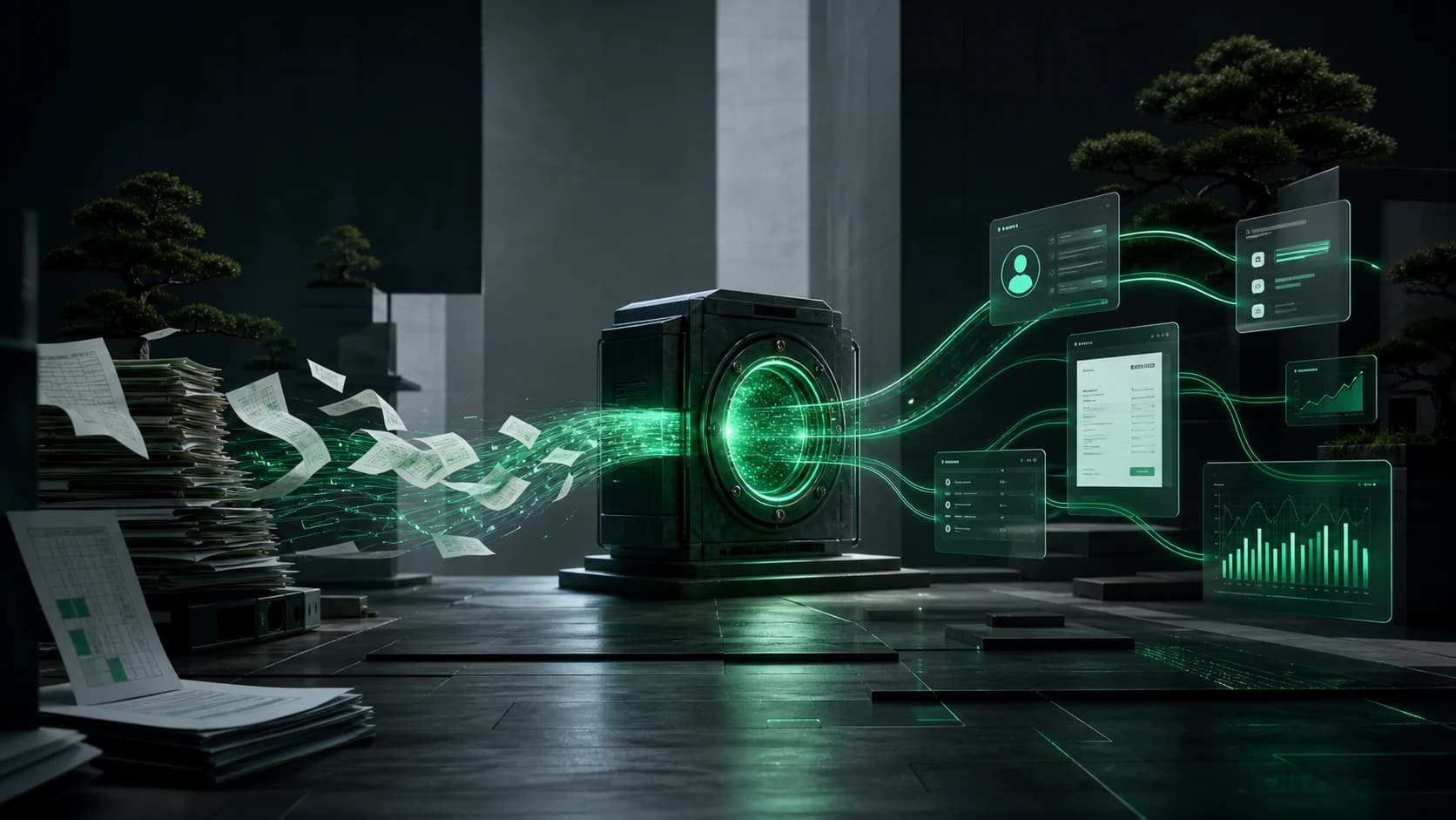 Business workflow nodes moving through a monitored emerald automation system