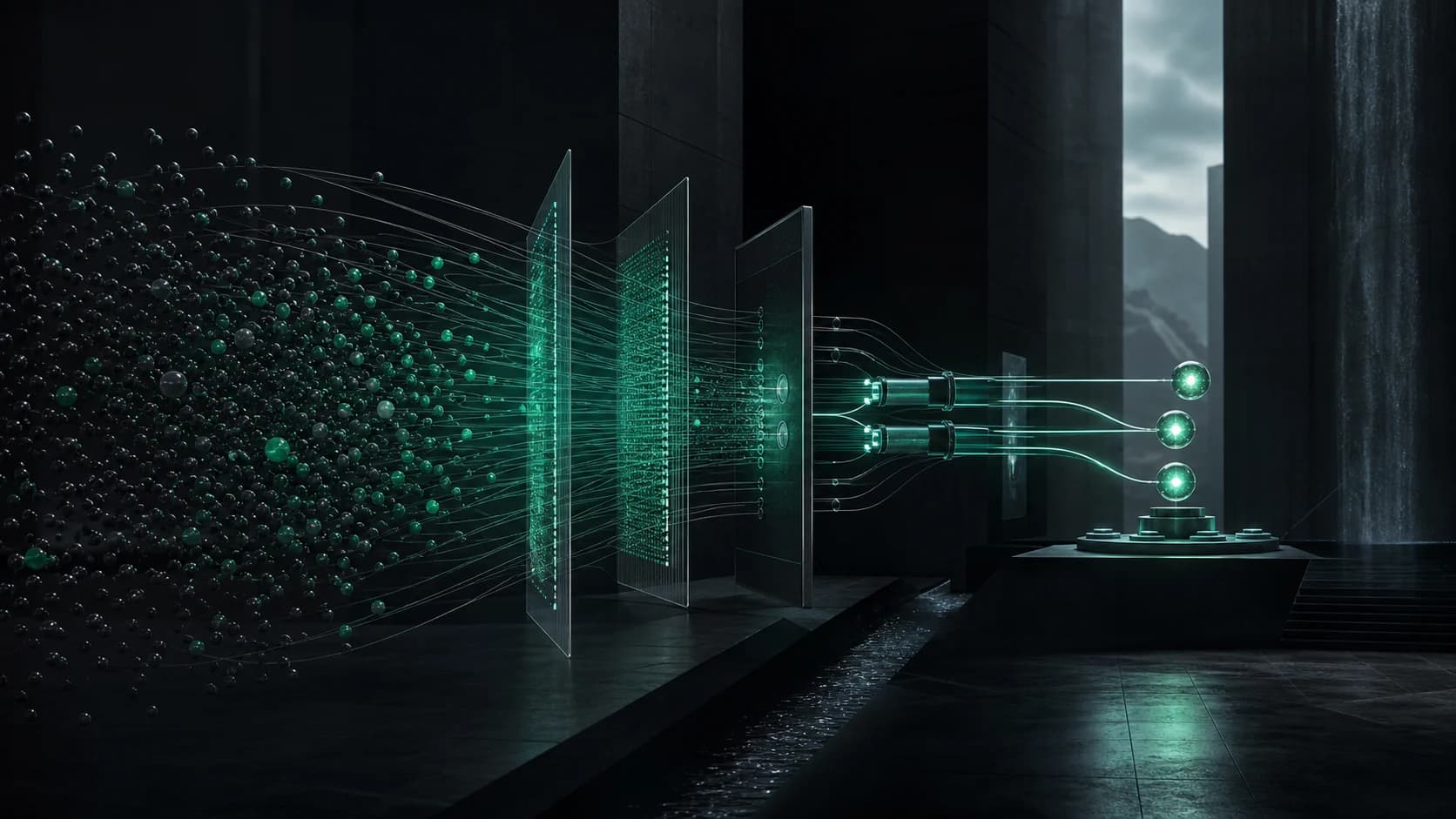 Crypto market scanner filtering token streams through transparent emerald risk and liquidity layers