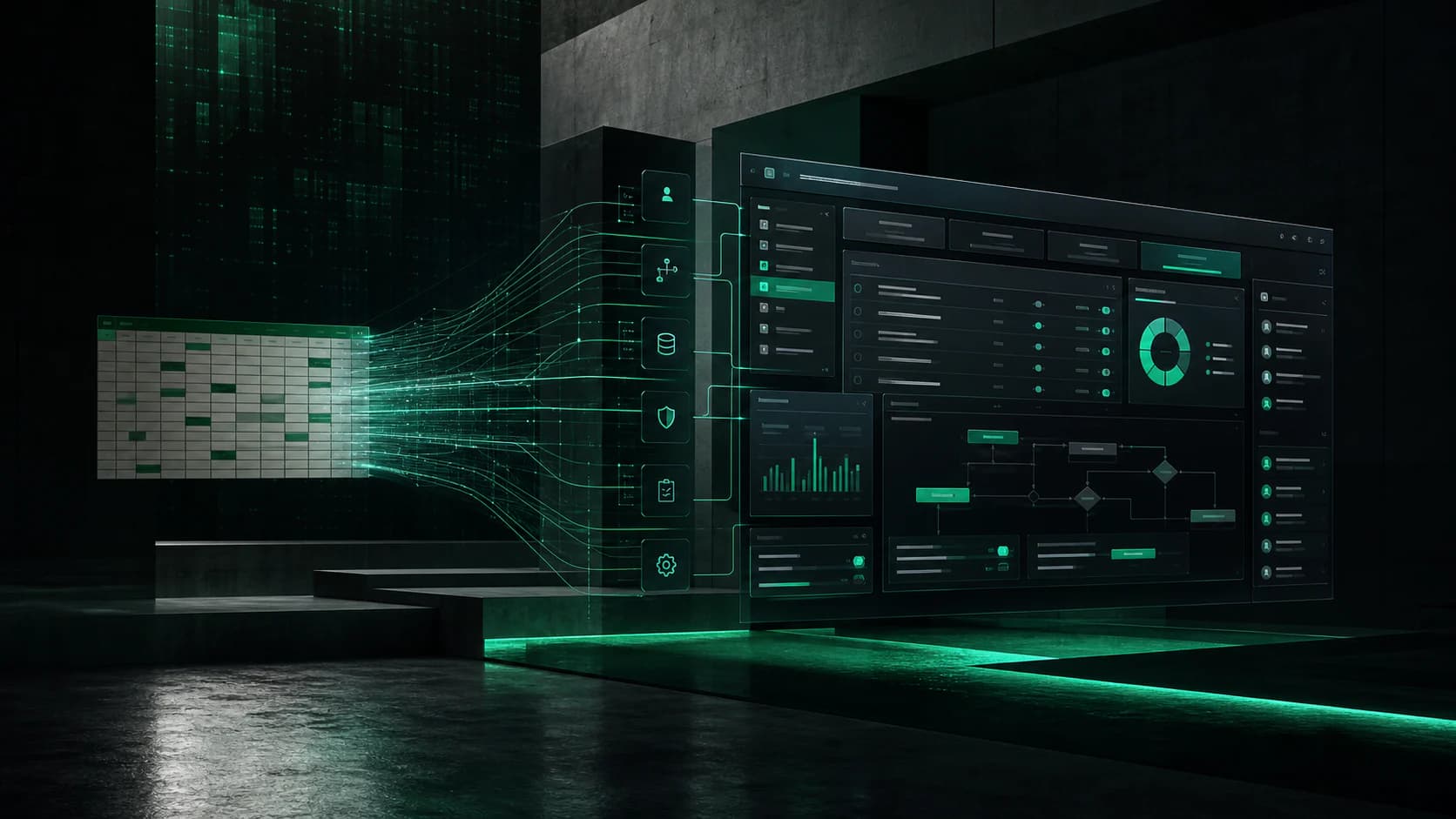 Spreadsheet fragments transforming into a unified emerald web application architecture