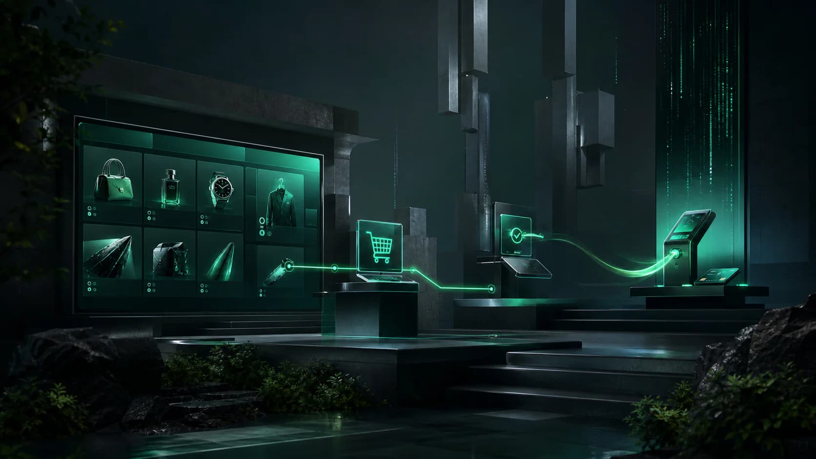 Premium ecommerce product and checkout systems connected by emerald data paths