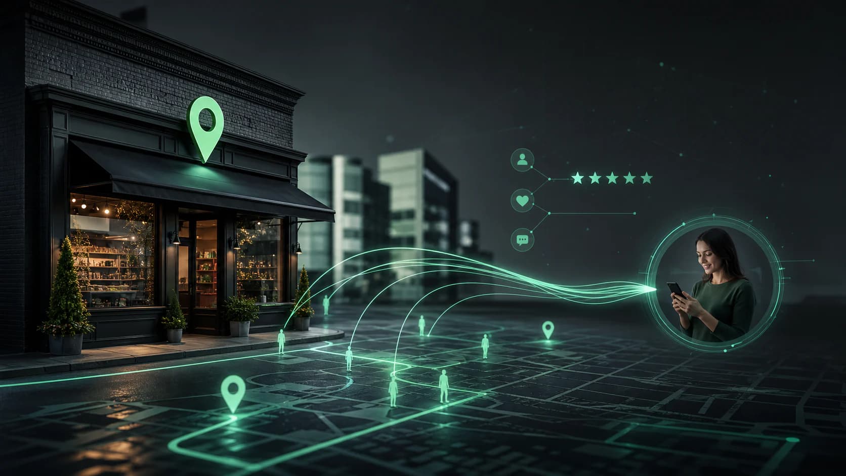 Local search map signals connecting an emerald business profile to qualified enquiry paths