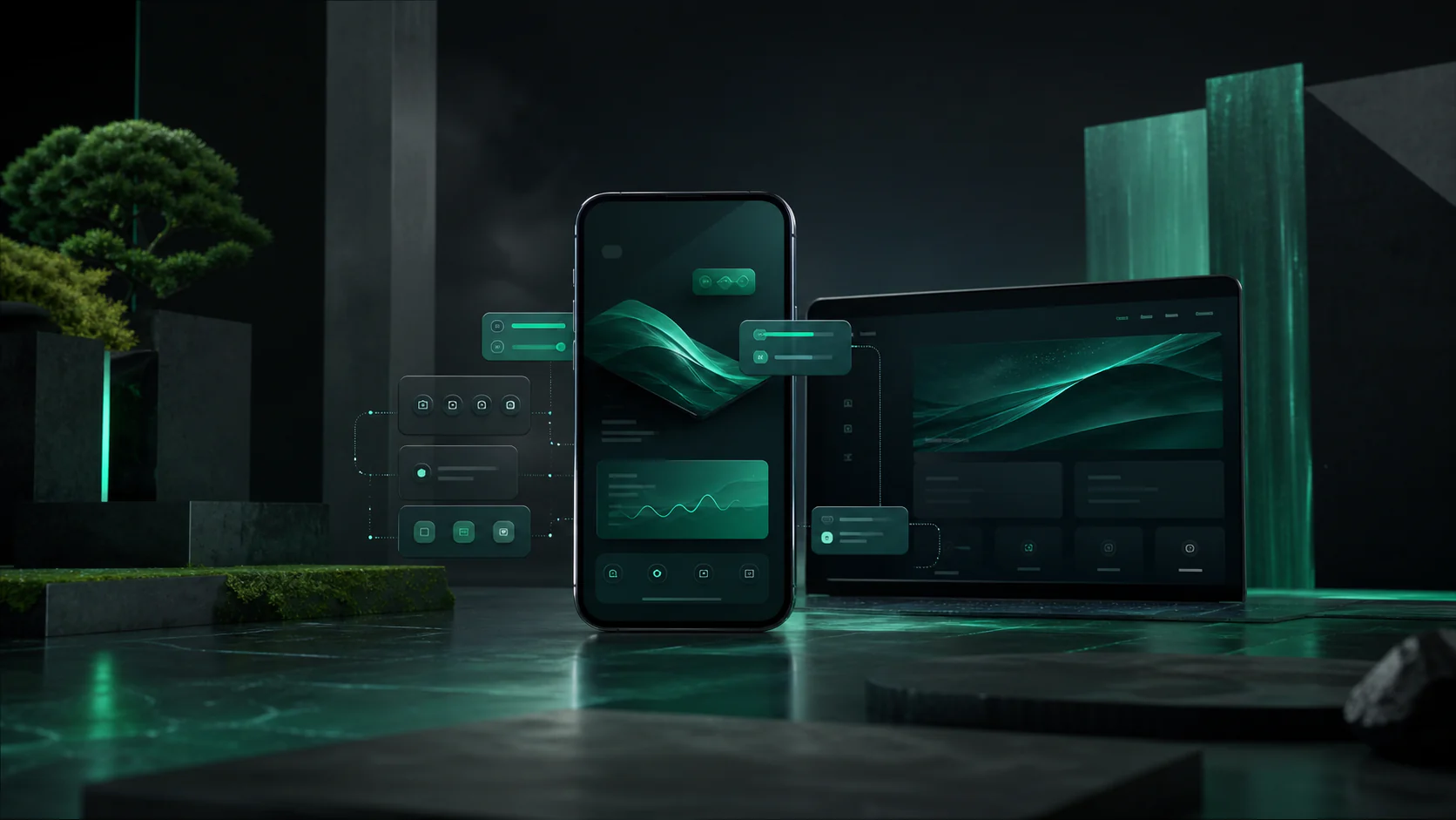 Mobile product interfaces linked to a secure emerald backend in a cinematic dark environment