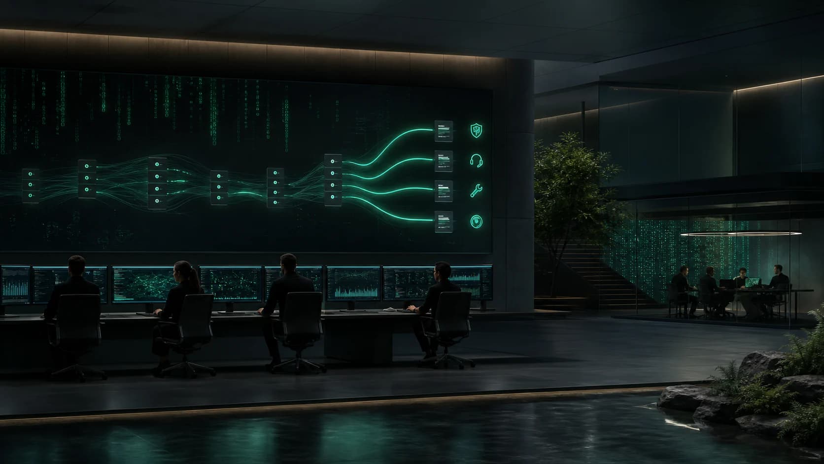 A calm emerald technical support queue connecting incidents, improvements and documented context
