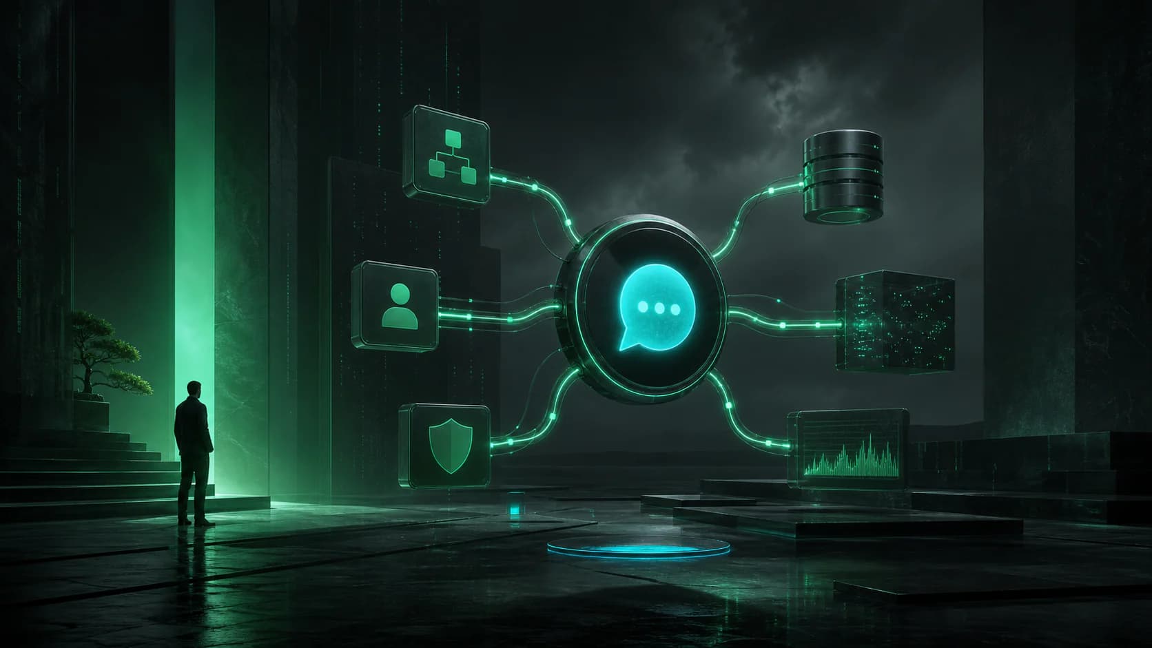 Telegram-style command flows connected to an emerald bot operations console