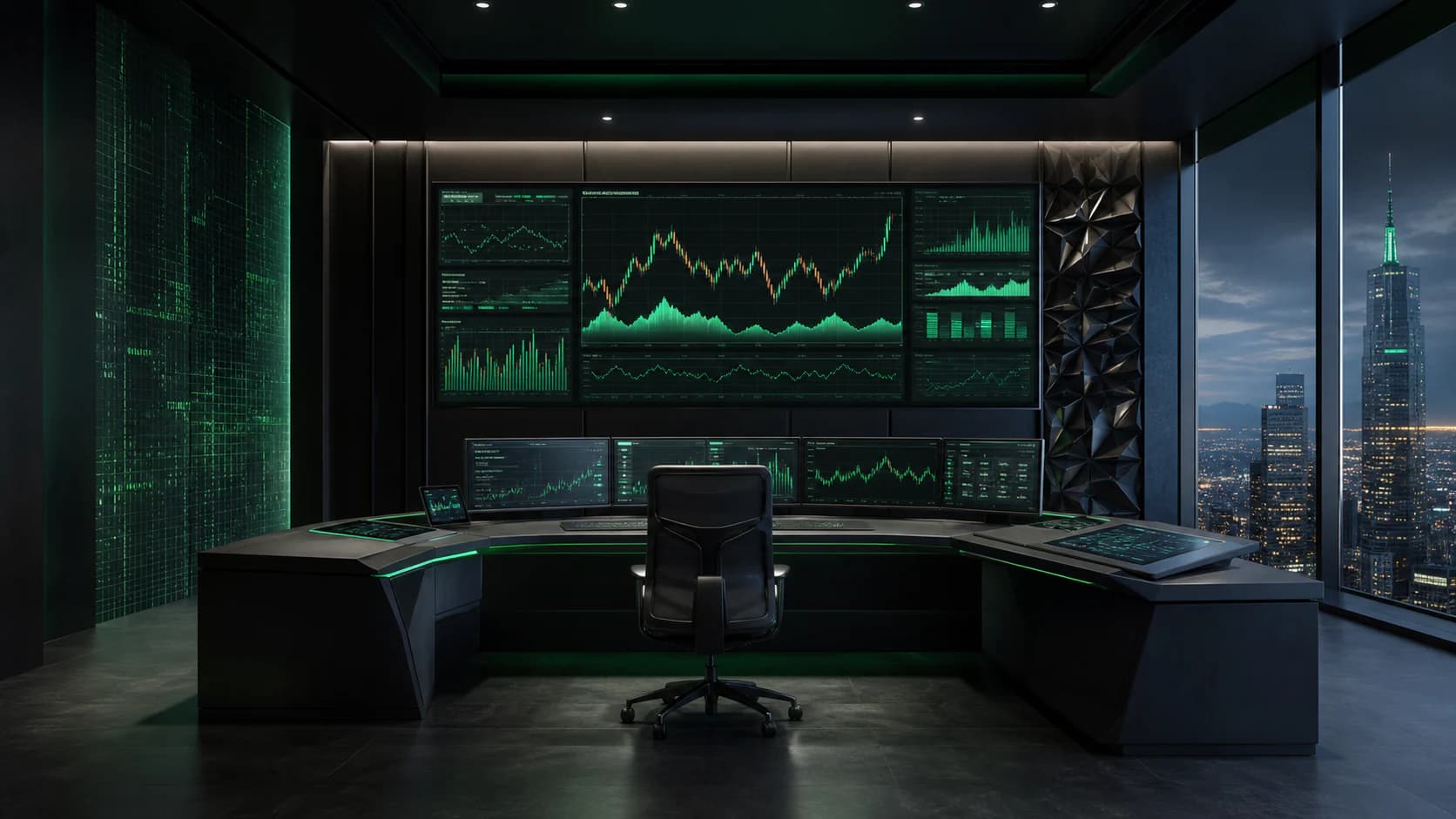 Emerald trading decision console with restrained charts, risk paths and data provenance nodes