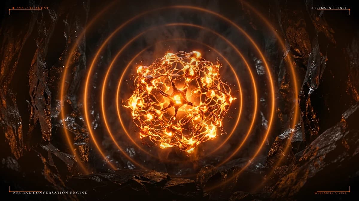 Intelligent conversational AI system visualized as a radiant warm magma and ember neural core in an obsidian chamber