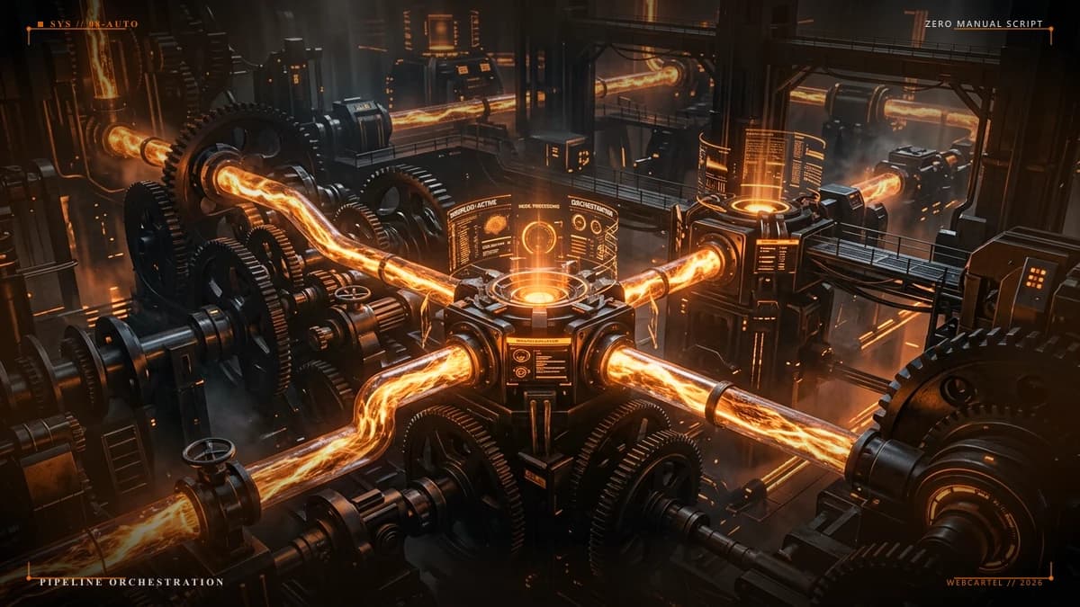 Intricate cybernetic workflow orchestration with warm orange energy pipelines moving through dark obsidian gears