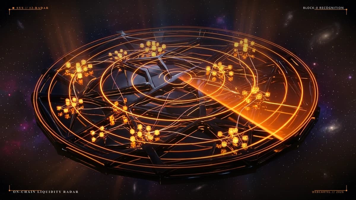 Futuristic crypto market radar scanner with dark obsidian liquidity matrix and glowing amber blockchain nodes