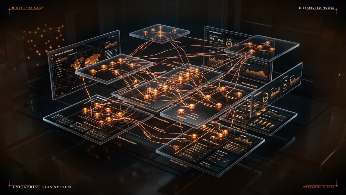 Complex 3D SaaS application topology with radiant amber data nodes and floating obsidian glass dashboards