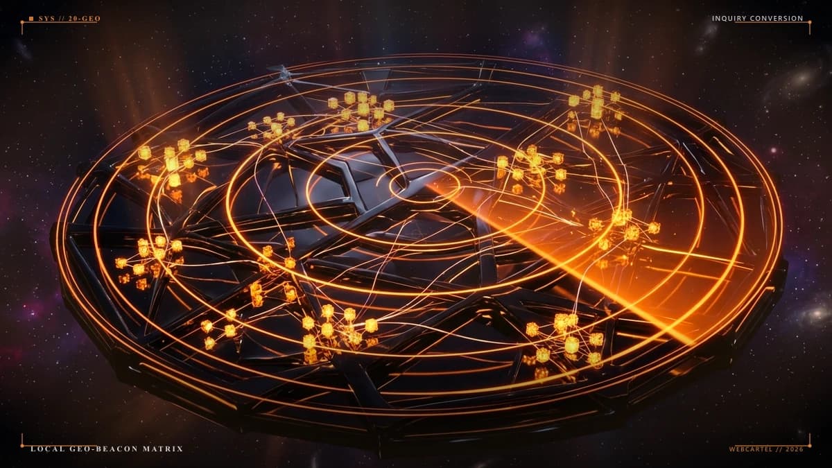 Holographic 3D city grid with glowing warm amber local business beacon projecting inquiry paths