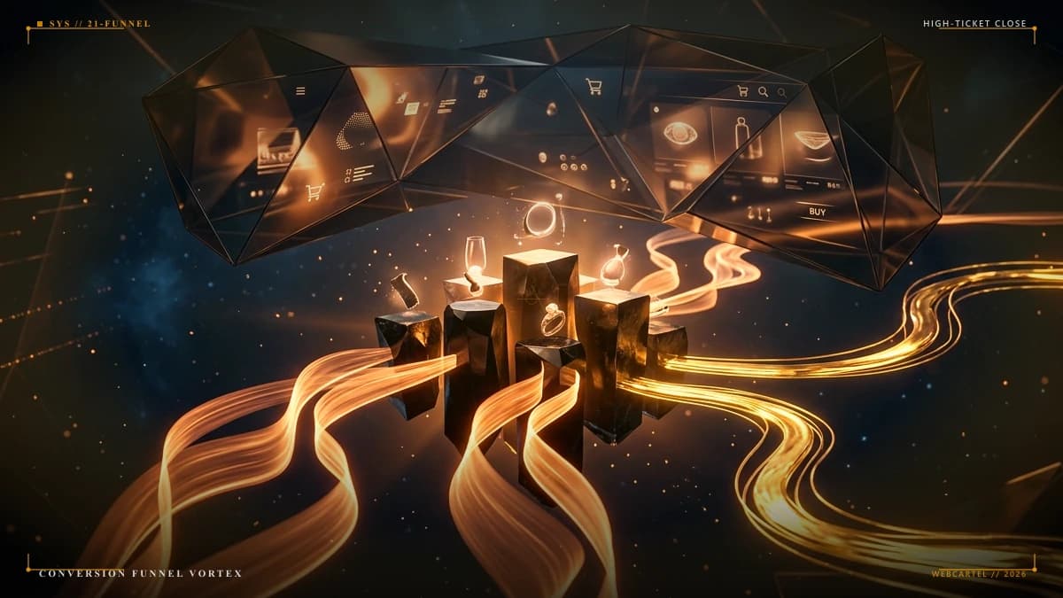 Conversion funnel visualization with dark obsidian architecture and glowing warm amber checkpoints