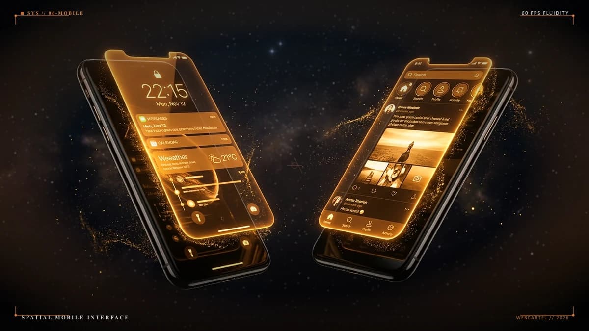 Sleek obsidian smartphone viewports with glowing warm amber mobile interfaces and molten gold accents