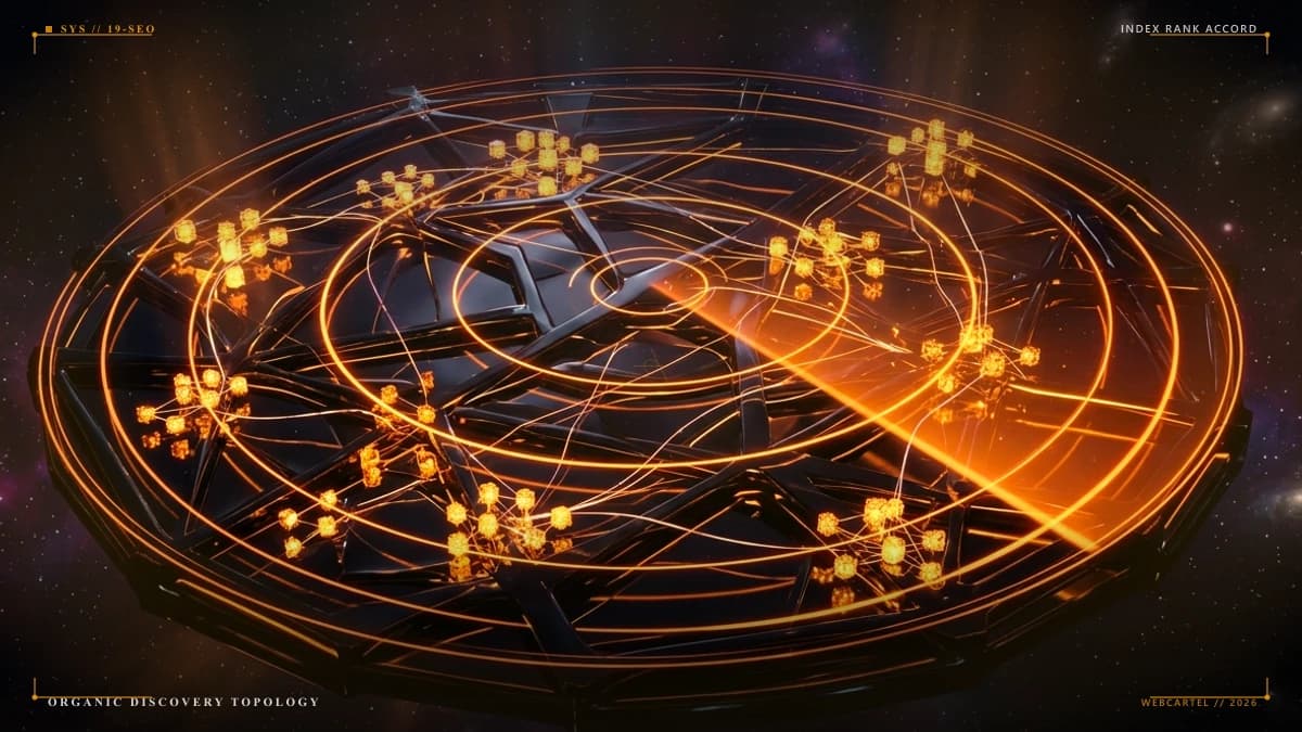Search discovery topology with glowing warm amber and gold indexing vectors rising through dark obsidian network layers