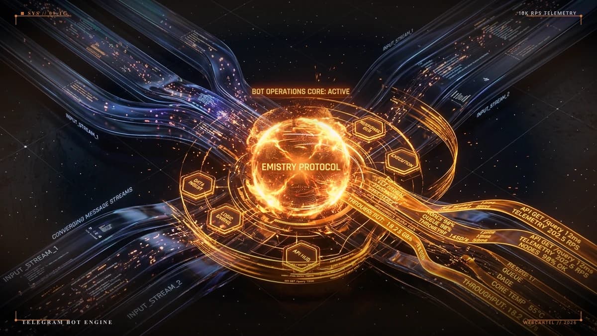 Sleek dark glass messaging interface streams converging into a radiant warm ember bot operations core