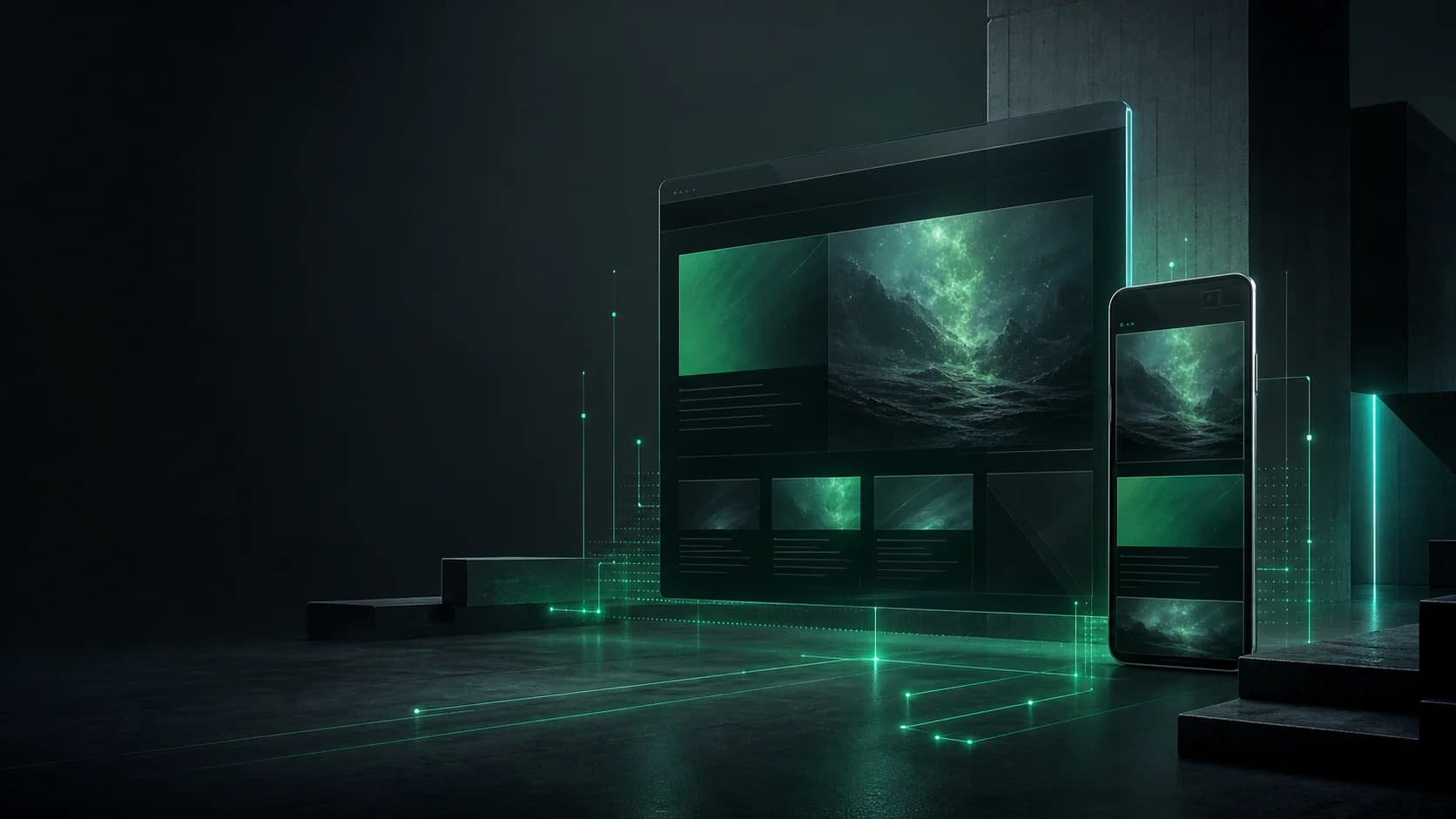 Emerald-lit website architecture displayed across desktop and mobile interfaces in a dark technical studio