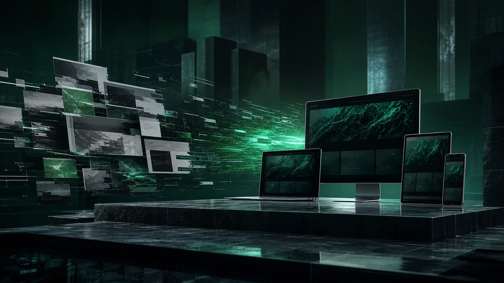 Before-and-after website structures converging into a refined emerald interface system