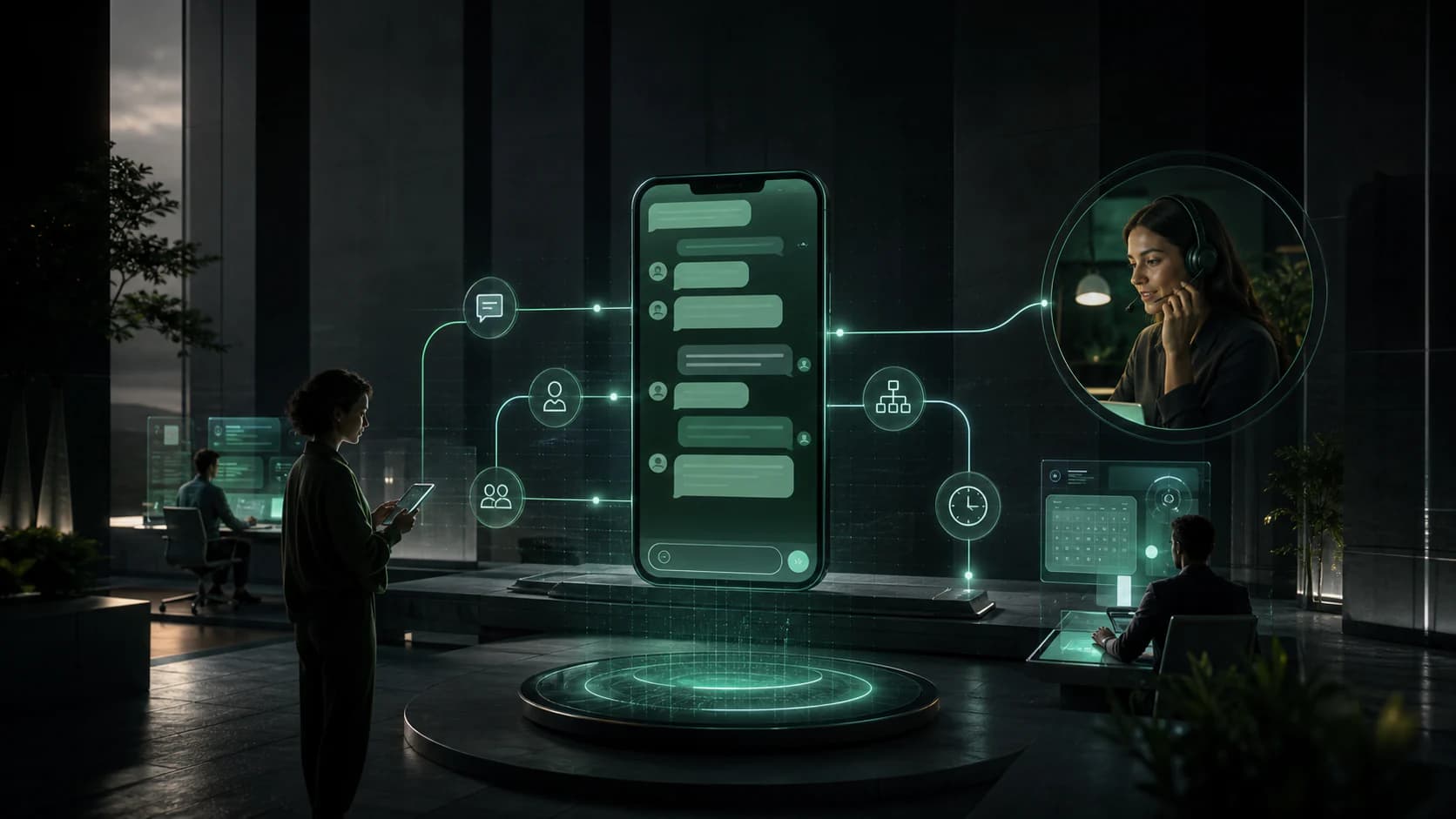 WhatsApp conversation routes flowing between automation and human support nodes