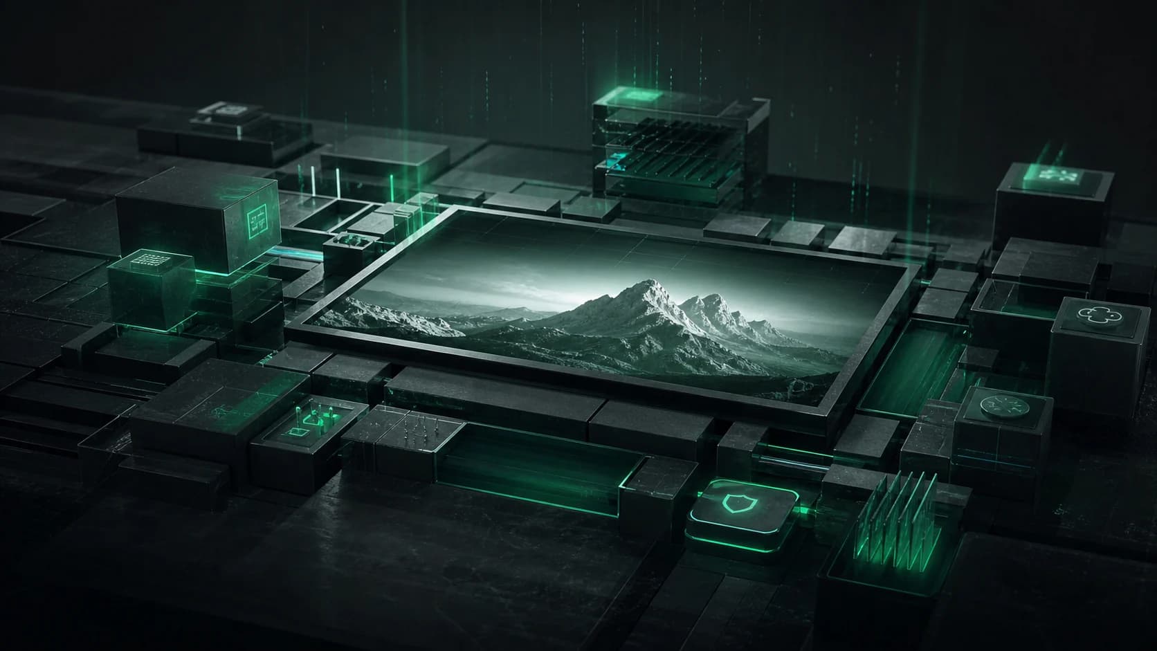 Structured content modules orbiting a secure emerald CMS core in a dark studio