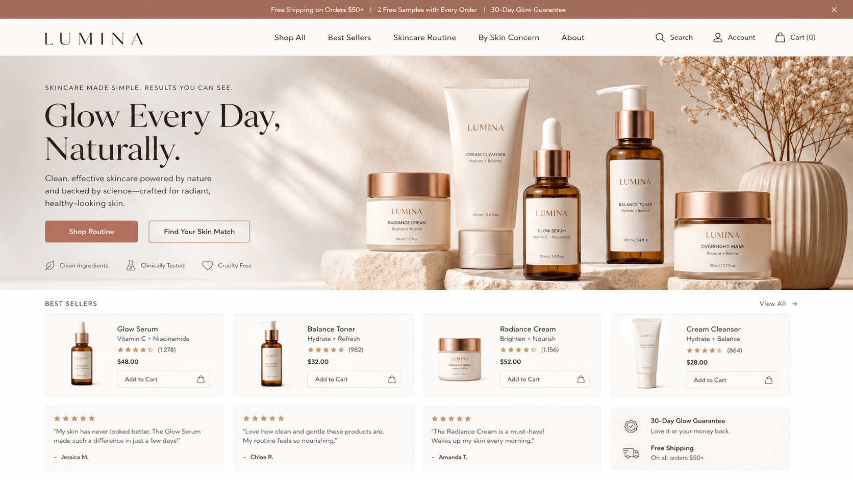 D2C skincare ecommerce homepage hero preview