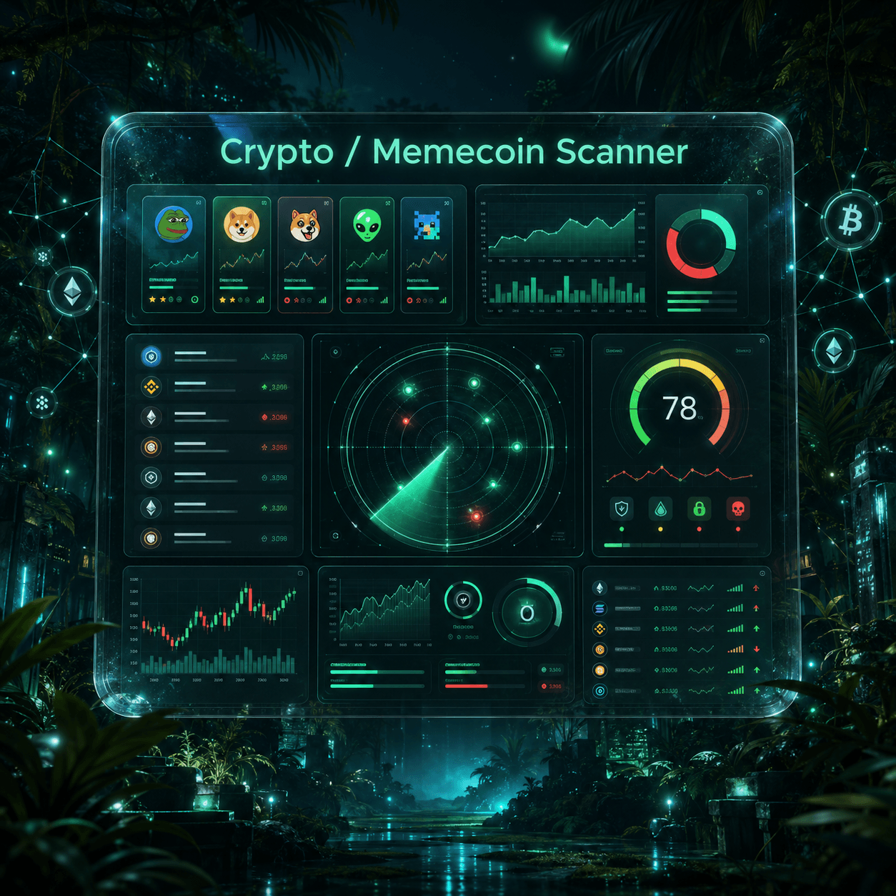Solana memecoin scanner terminal with token cards and alerts