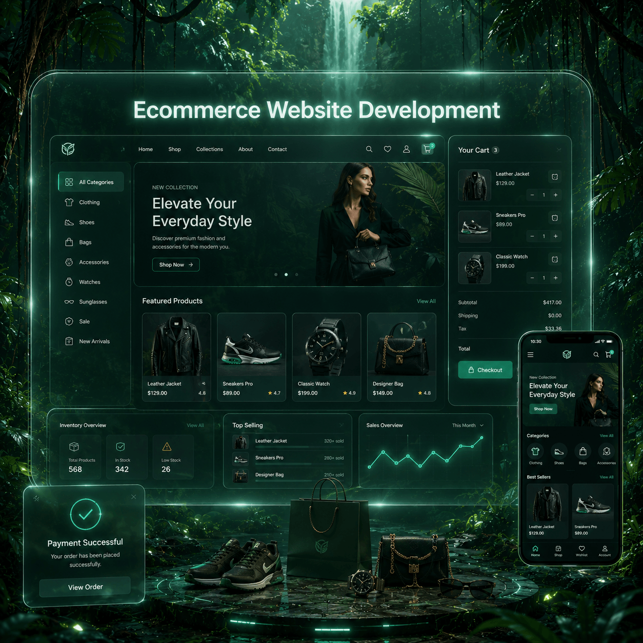 Premium ecommerce storefront with product cards and checkout