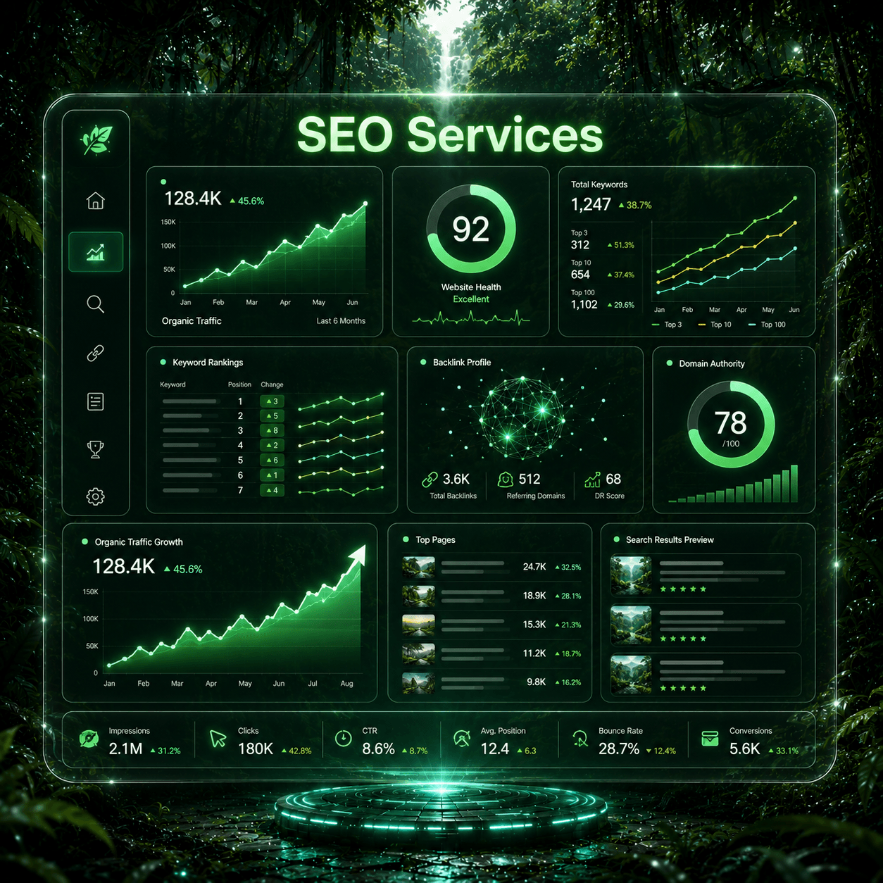 SEO command dashboard with crawl map and rankings