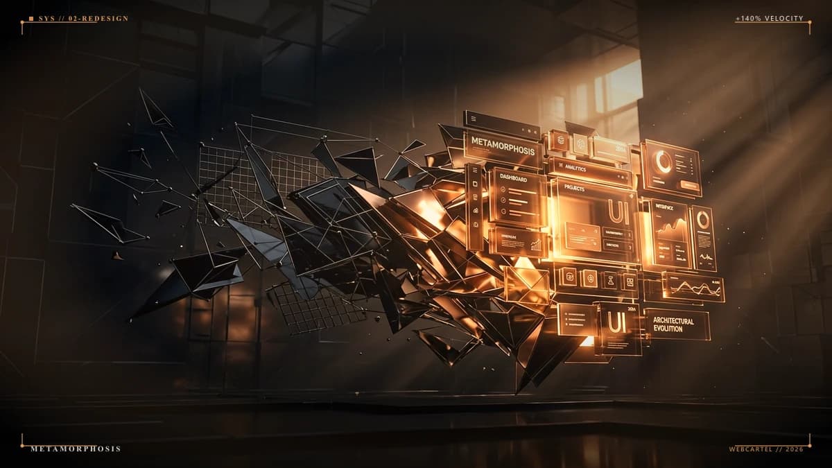 Deconstructed obsidian layout wireframes assembling into a crisp glowing bronze and amber glass interface