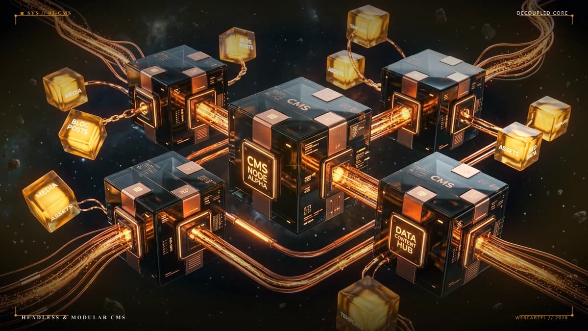Structured content modules orbiting a secure obsidian CMS core with warm ember data conduits
